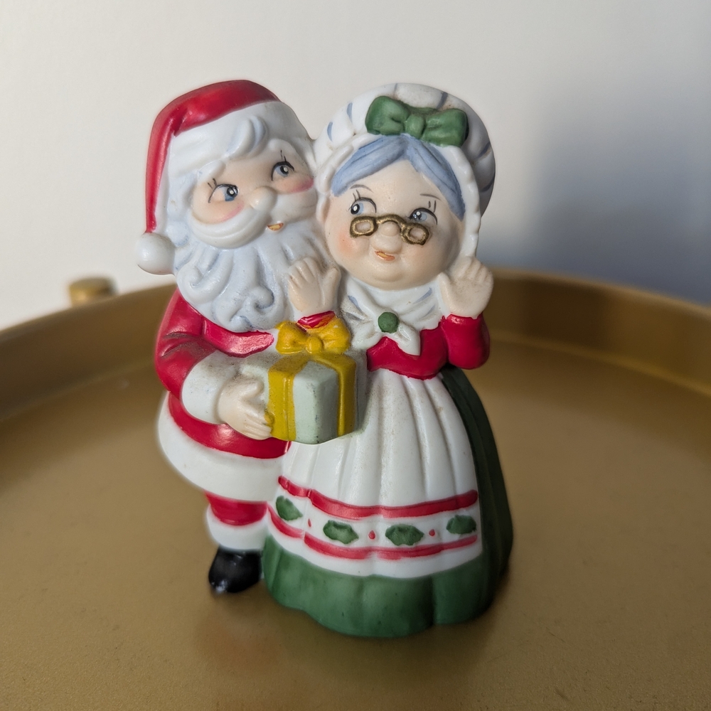 JSNY Vintage Porcelain Santa and Mrs. Claus Holiday Figurine Trinket Bell